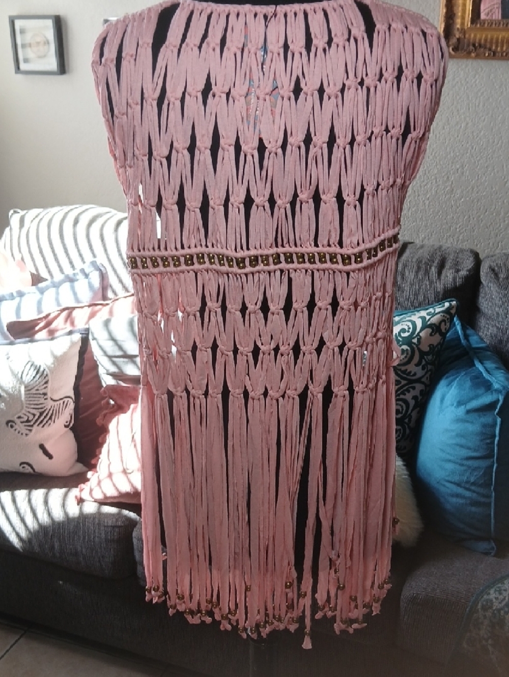 Boho Pink Macramé Fringe Vest with Beaded Trim - Picture 7 of 7